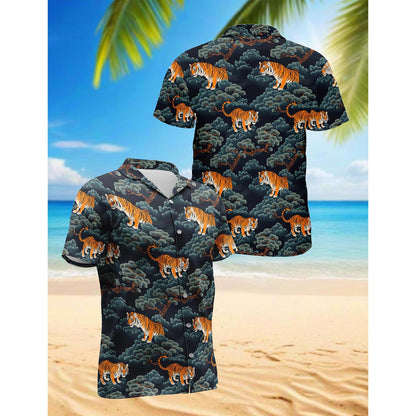 Netecom Tiger Pattern Hawaiian Shirt for Men, Button Down Summer Beach Short Sleeve, Sizes S-5XL