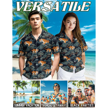 Netecom Tiger Pattern Hawaiian Shirt for Men, Button Down Summer Beach Short Sleeve, Sizes S-5XL