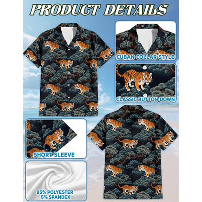 Netecom Tiger Pattern Hawaiian Shirt for Men, Button Down Summer Beach Short Sleeve, Sizes S-5XL