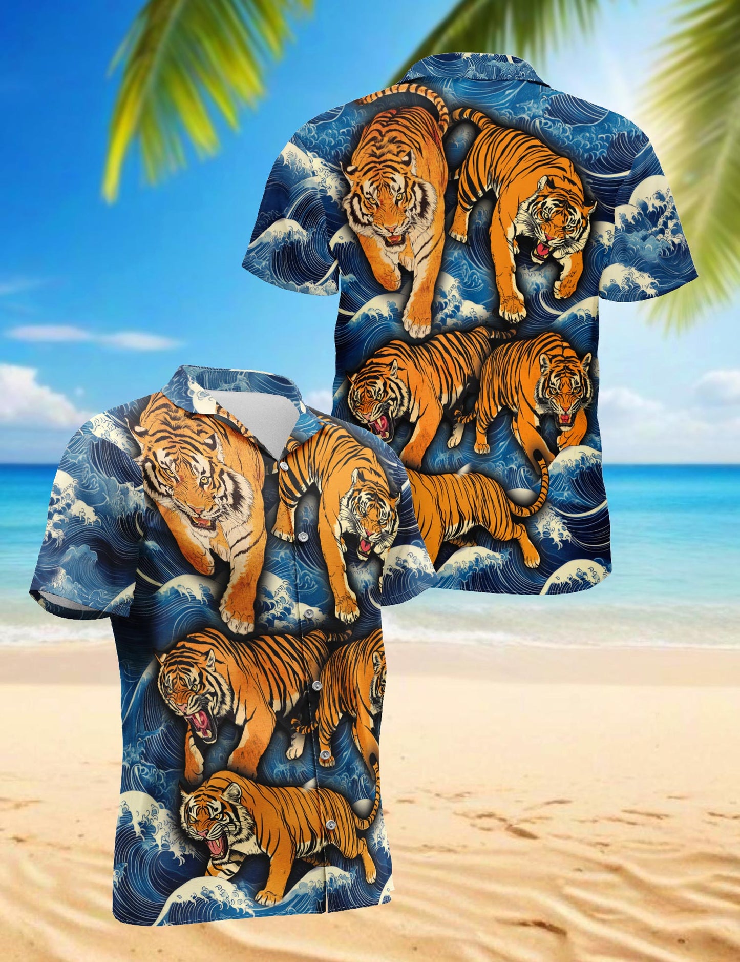 Netecom Tigers In Wave Hawaiian Shirt for Men, Button Down Summer Beach Short Sleeve, S-5XL