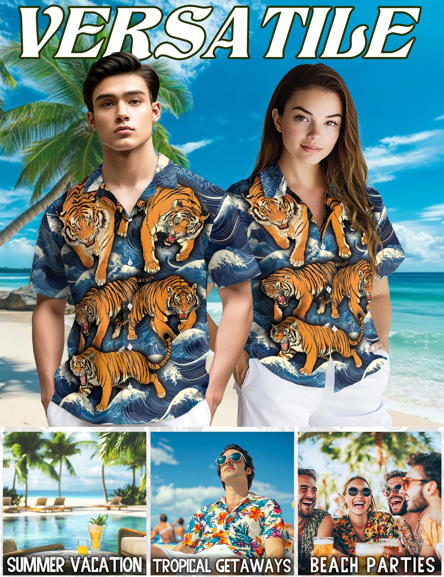 Netecom Tigers In Wave Hawaiian Shirt for Men, Button Down Summer Beach Short Sleeve, S-5XL