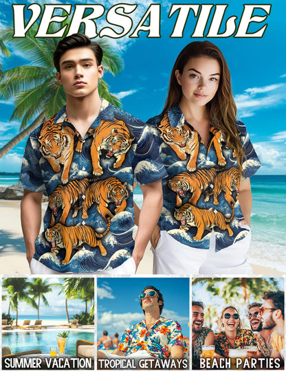 Netecom Tigers In Wave Hawaiian Shirt for Men, Button Down Summer Beach Short Sleeve, S-5XL