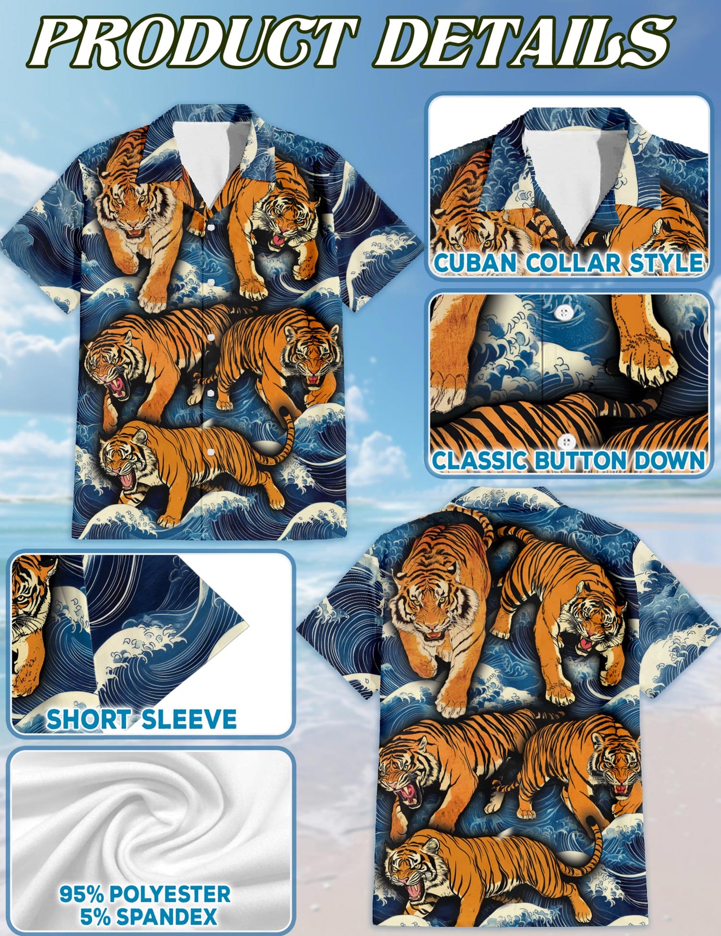 Netecom Tigers In Wave Hawaiian Shirt for Men, Button Down Summer Beach Short Sleeve, S-5XL