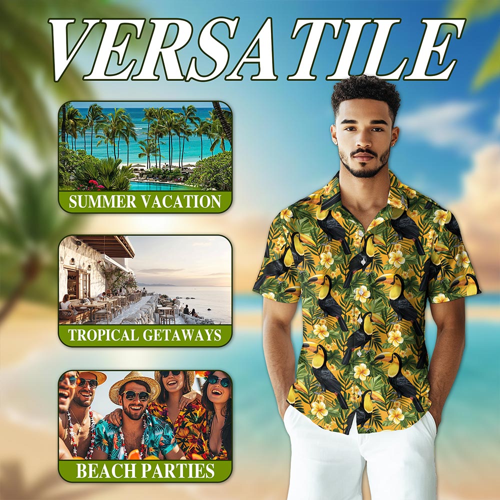 Netecom Toucan Hawaiian Shirt for Men, Tropical Style, Button Down Summer Beach Short Sleeve, S-5XL