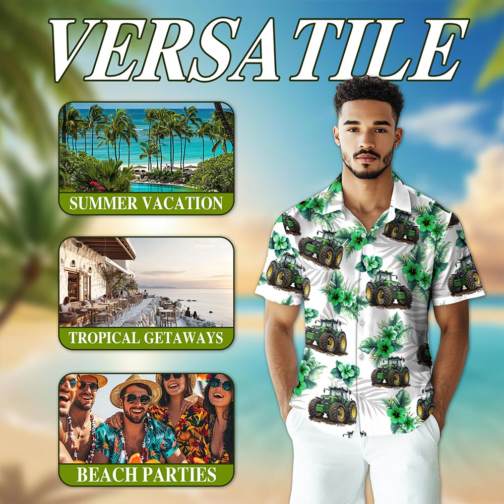 Netecom Tractors Hawaiian Shirt for Men, Tropical Style, Button Down Summer Beach Short Sleeve, S-5XL