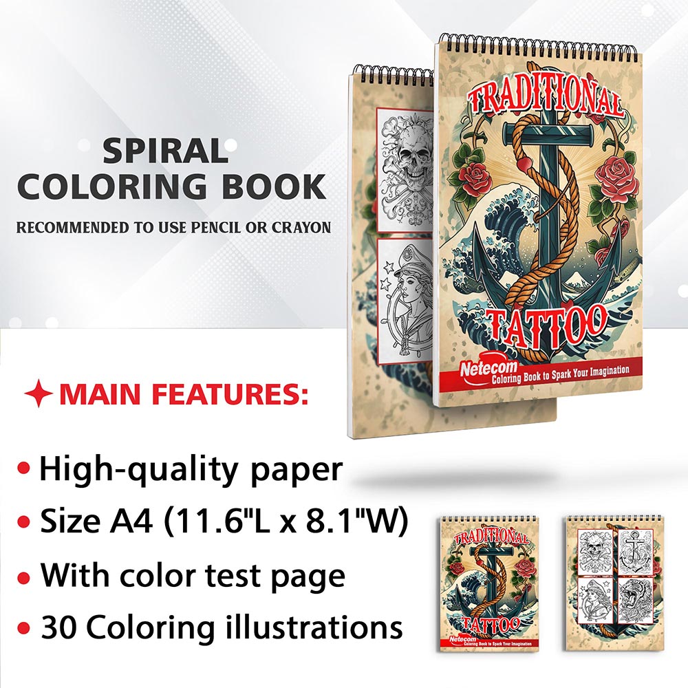 Netecom Traditional Tattoo Coloring Sheets for Adults
