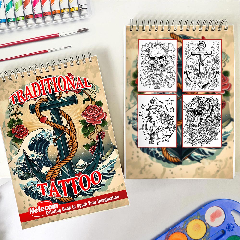 Netecom Traditional Tattoo Spiral Coloring Book for Adults