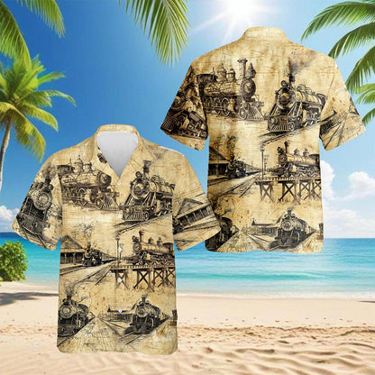 Netecom Train Locomotive Engineer Hawaiian Shirt for Men, Vintage Railway Button Down Summer Beach Short Sleeve Shirts, S-5XL
