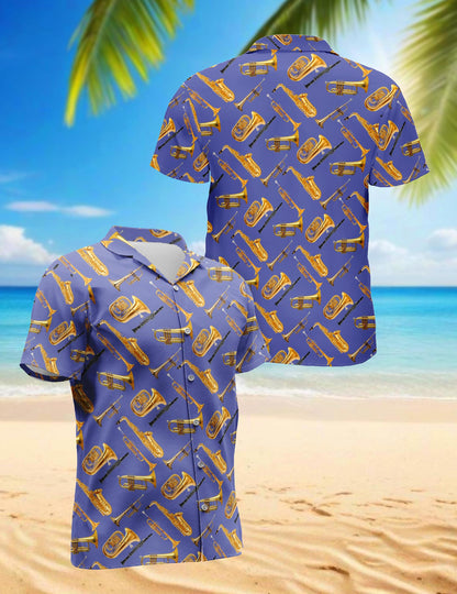 Netecom Trombone Pattern Hawaiian Shirt for Men, Musical Instruments Button Down Summer Beach Short Sleeve Shirts, S-5XL