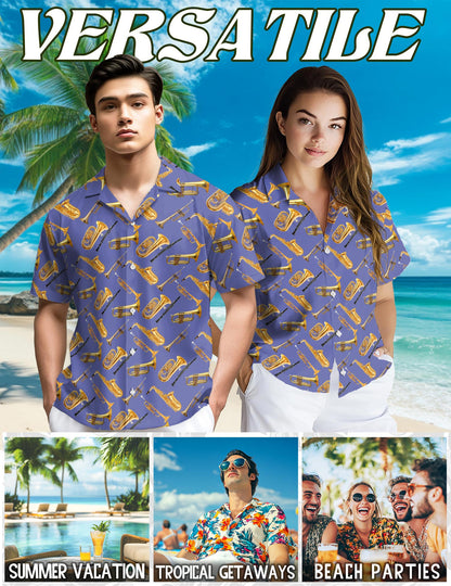 Netecom Trombone Pattern Hawaiian Shirt for Men, Musical Instruments Button Down Summer Beach Short Sleeve Shirts, S-5XL