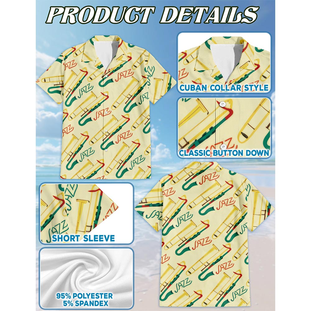 Netecom Trombone Pattern Hawaiian Shirt for Men, Button Down Summer Beach Short Sleeve, Trombone Lover Gifts, S-5XL