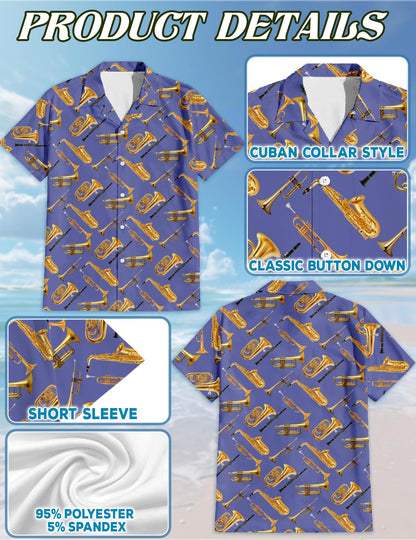 Netecom Trombone Pattern Hawaiian Shirt for Men, Musical Instruments Button Down Summer Beach Short Sleeve Shirts, S-5XL