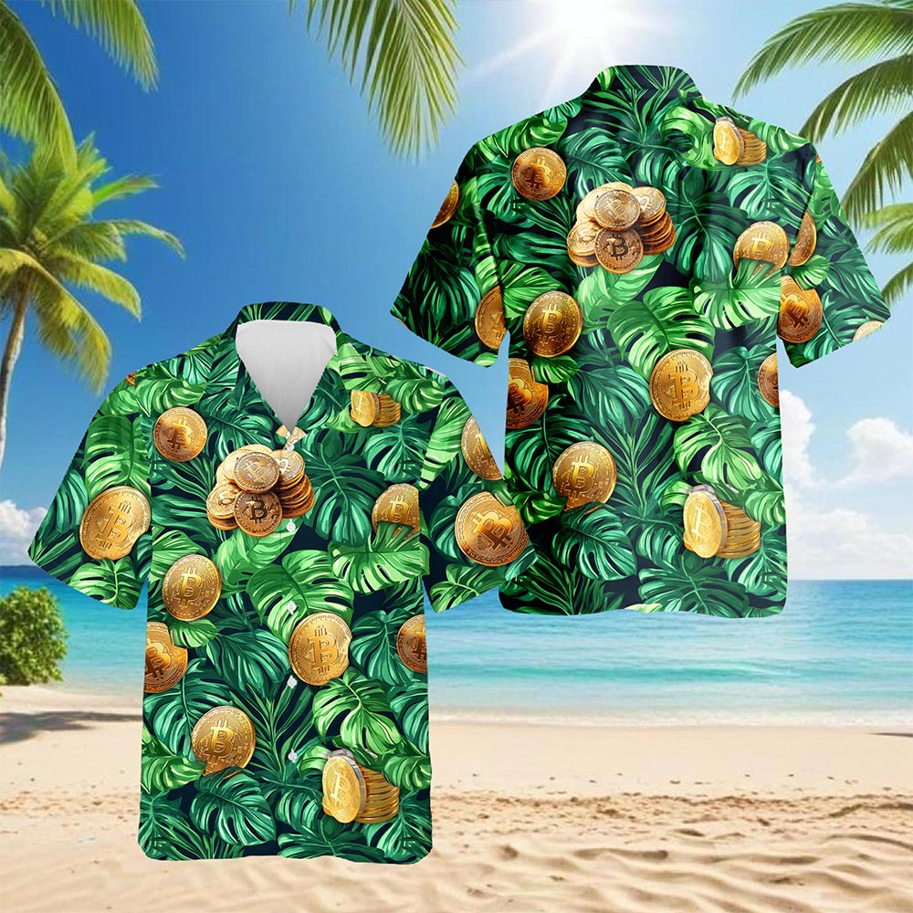 Netecom Tropical Bitcoin Hawaiian Shirt for Men, Tropical Style, Button Down Summer Beach Short Sleeve, S-5XL