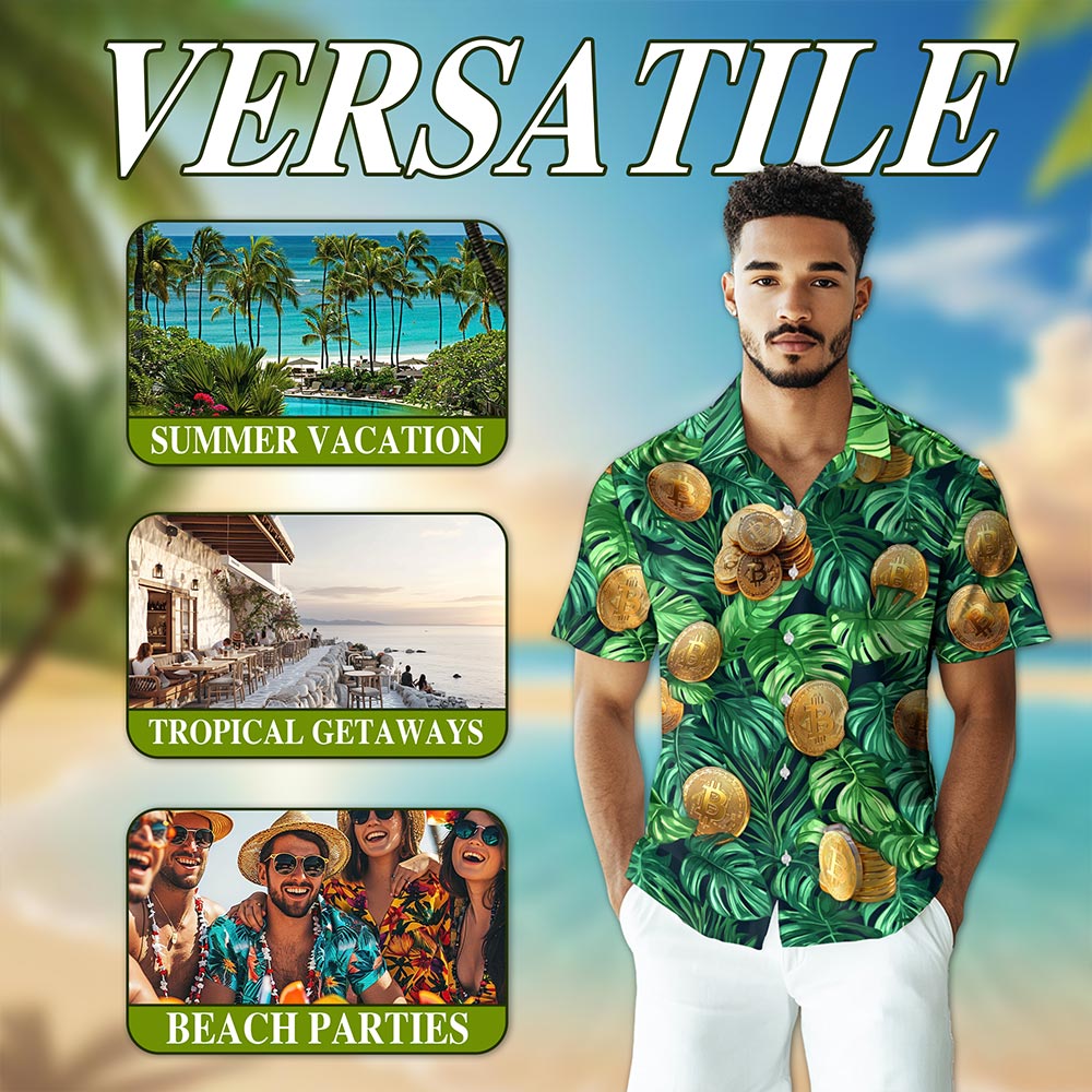 Netecom Tropical Bitcoin Hawaiian Shirt for Men, Tropical Style, Button Down Summer Beach Short Sleeve, S-5XL