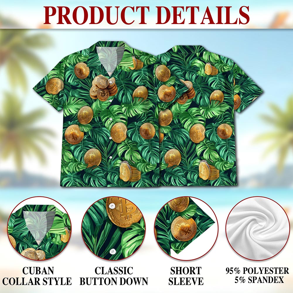 Netecom Tropical Bitcoin Hawaiian Shirt for Men, Tropical Style, Button Down Summer Beach Short Sleeve, S-5XL