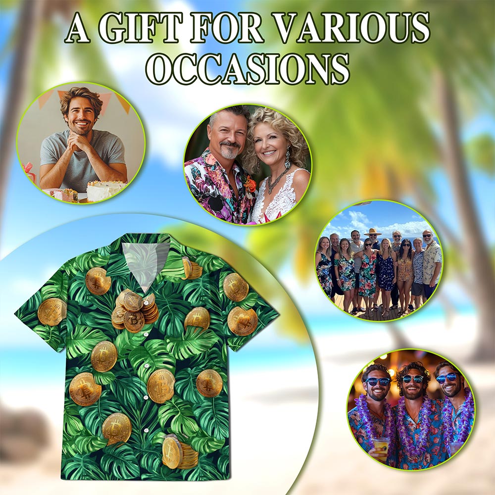 Netecom Tropical Bitcoin Hawaiian Shirt for Men, Tropical Style, Button Down Summer Beach Short Sleeve, S-5XL