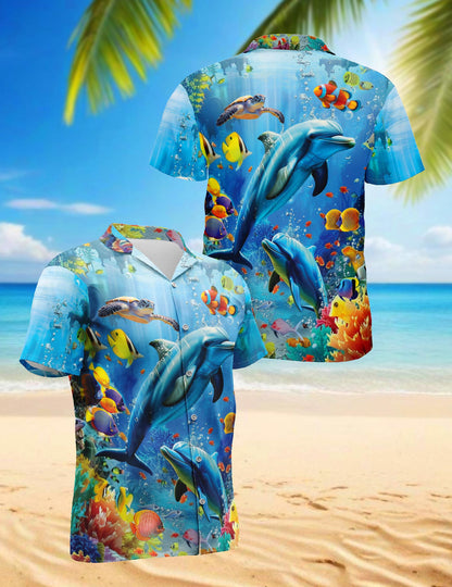 Netecom Tropical Dolphin Hawaiian Shirt for Men, Ocean Style, Ocean Animal Button Down Summer Aloha Beach Shirts, S-5XL