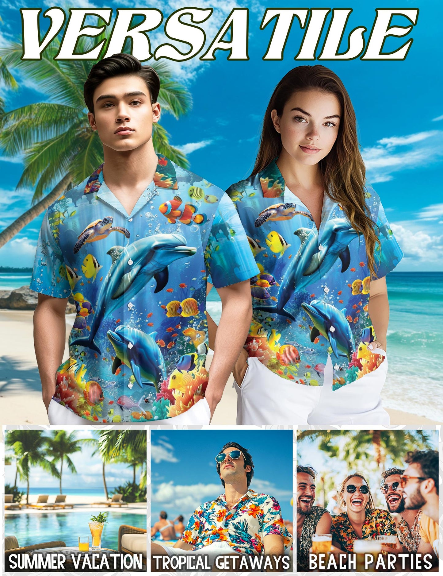 Netecom Tropical Dolphin Hawaiian Shirt for Men, Ocean Style, Ocean Animal Button Down Summer Aloha Beach Shirts, S-5XL