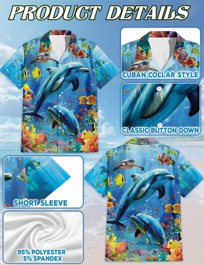 Netecom Tropical Dolphin Hawaiian Shirt for Men, Ocean Style, Ocean Animal Button Down Summer Aloha Beach Shirts, S-5XL