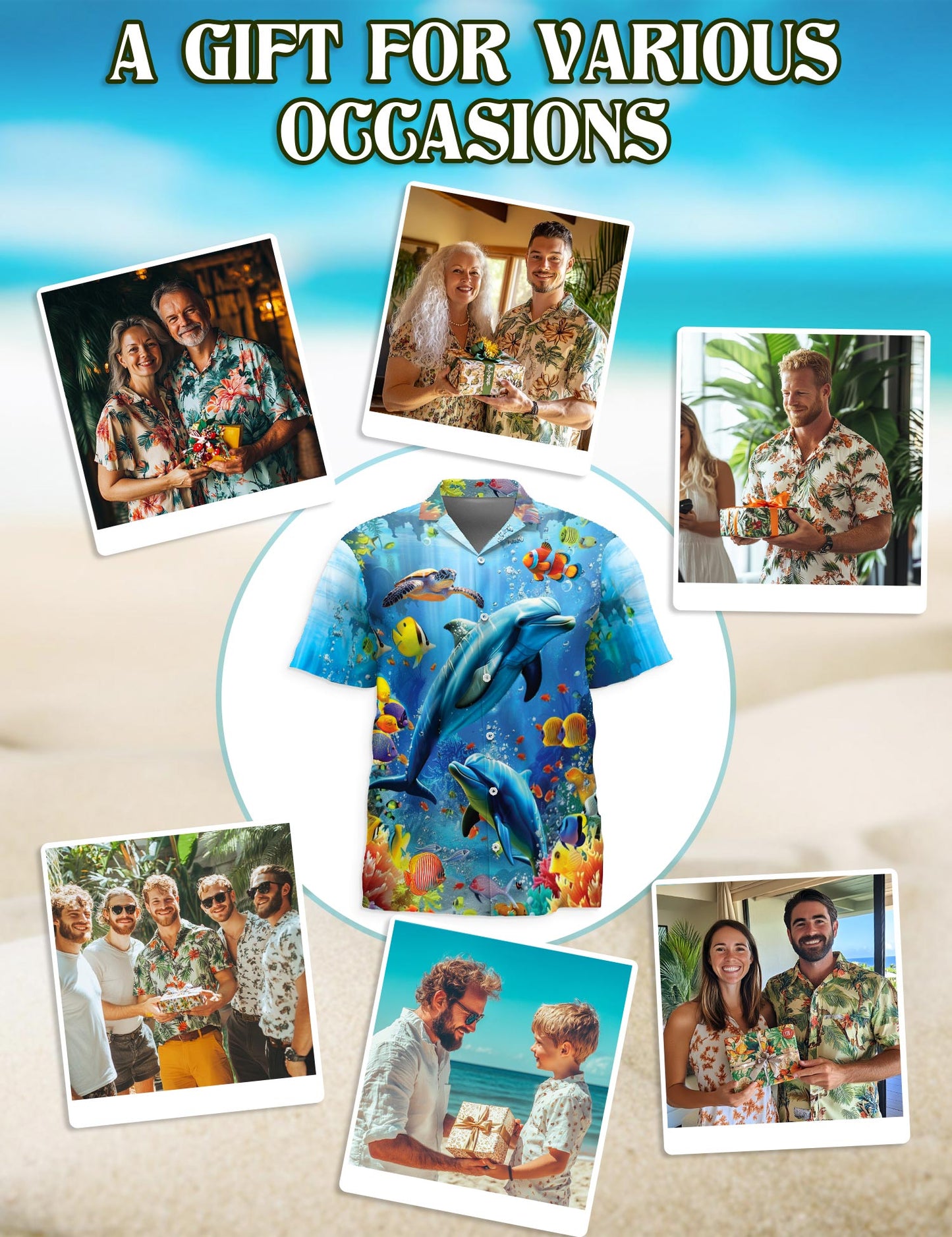 Netecom Tropical Dolphin Hawaiian Shirt for Men, Ocean Style, Ocean Animal Button Down Summer Aloha Beach Shirts, S-5XL