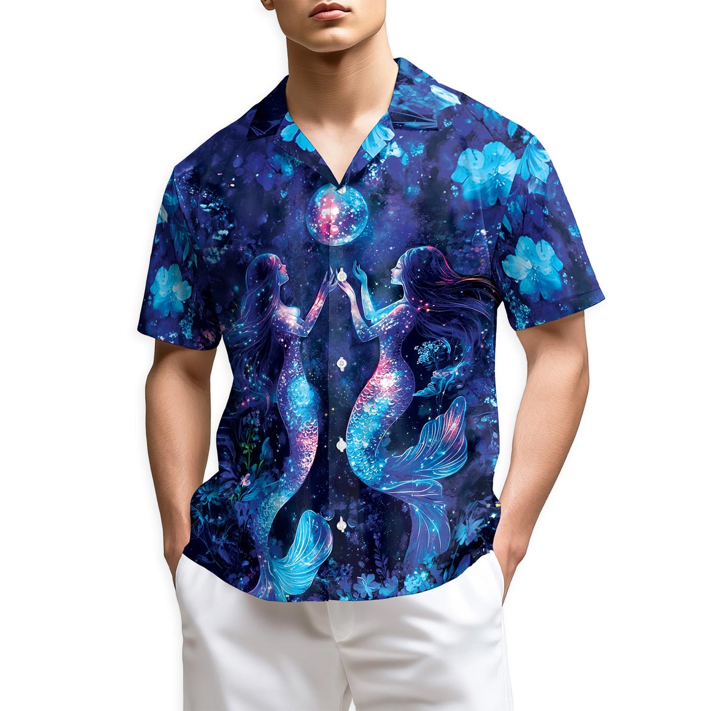 Netecom Tropical Floral Mermaid Hawaiian Shirt for Men