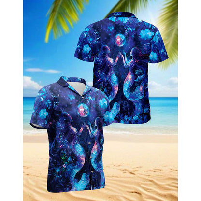 Netecom Tropical Floral Mermaid Hawaiian Shirt for Men, Button Down Summer Beach Short Sleeve, Fantasy Style, Sizes S-5XL