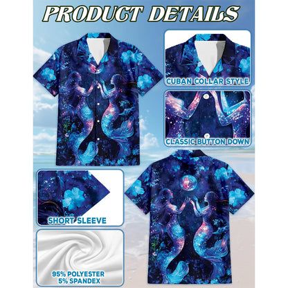 Netecom Tropical Floral Mermaid Hawaiian Shirt for Men, Button Down Summer Beach Short Sleeve, Fantasy Style, Sizes S-5XL