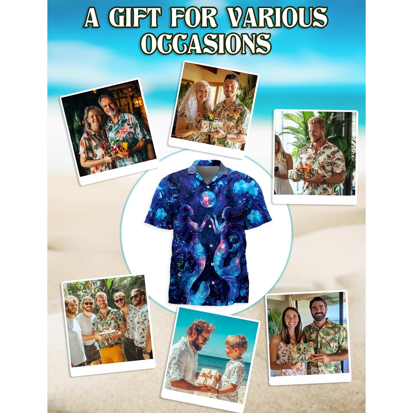 Netecom Tropical Floral Mermaid Hawaiian Shirt for Men, Button Down Summer Beach Short Sleeve, Fantasy Style, Sizes S-5XL