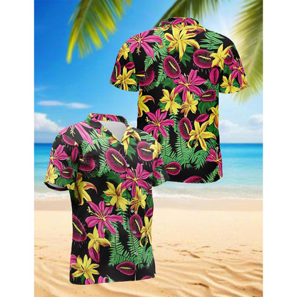 Netecom Tropical Flower Hawaiian Shirt for Men, Button Down Summer Beach Short Sleeve, Tropical Style, Sizes S-5XL