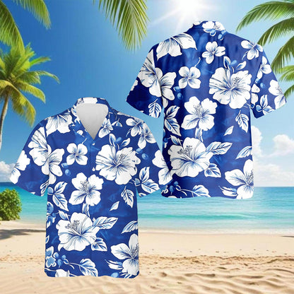 Netecom Tropical Hibiscus Blue Hawaiian Shirt for Men, Button Down Summer Beach Short Sleeve, Tropical Style, Sizes S-5XL