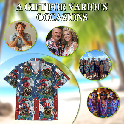 Netecom Tropical Merica Raccoon Hawaiian Shirt for Men Women, American Flag 4th Of July Button Down Summer Beach Shirts, S-5XL