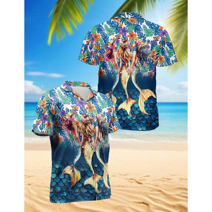 Netecom Tropical Mermaid Hawaiian Shirt for Men, Button Down Summer Beach Short Sleeve, Fantasy Style, Sizes S-5XL