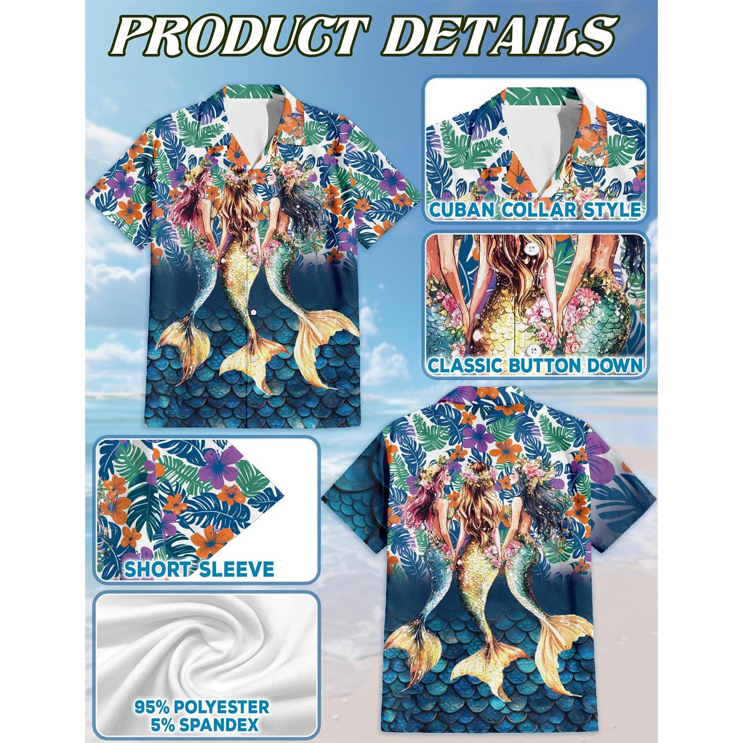 Netecom Tropical Mermaid Hawaiian Shirt for Men, Button Down Summer Beach Short Sleeve, Fantasy Style, Sizes S-5XL