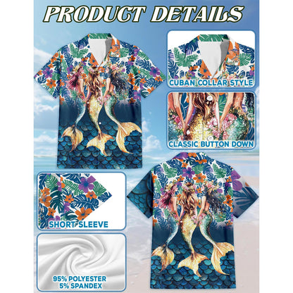 Netecom Tropical Mermaid Hawaiian Shirt for Men, Button Down Summer Beach Short Sleeve, Fantasy Style, Sizes S-5XL