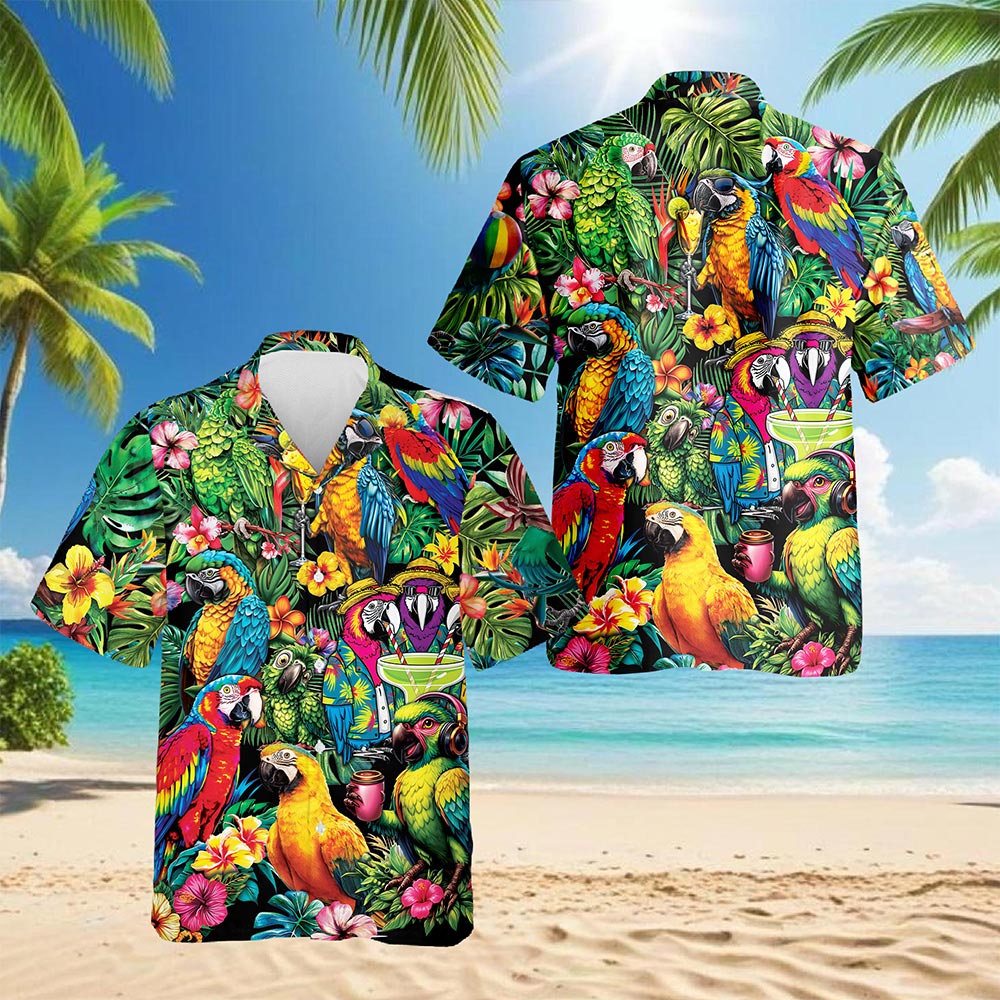 Netecom Tropical Parrot Hawaiian Shirt for Men, Bird Lover Gifts, Button Down Summer Aloha Beach Short Sleeve Shirts, S-5XL