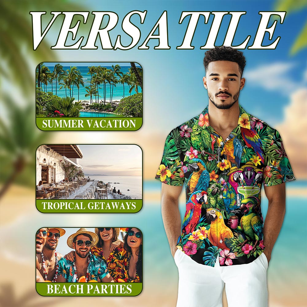Netecom Tropical Parrot Hawaiian Shirt for Men, Bird Lover Gifts, Button Down Summer Aloha Beach Short Sleeve Shirts, S-5XL