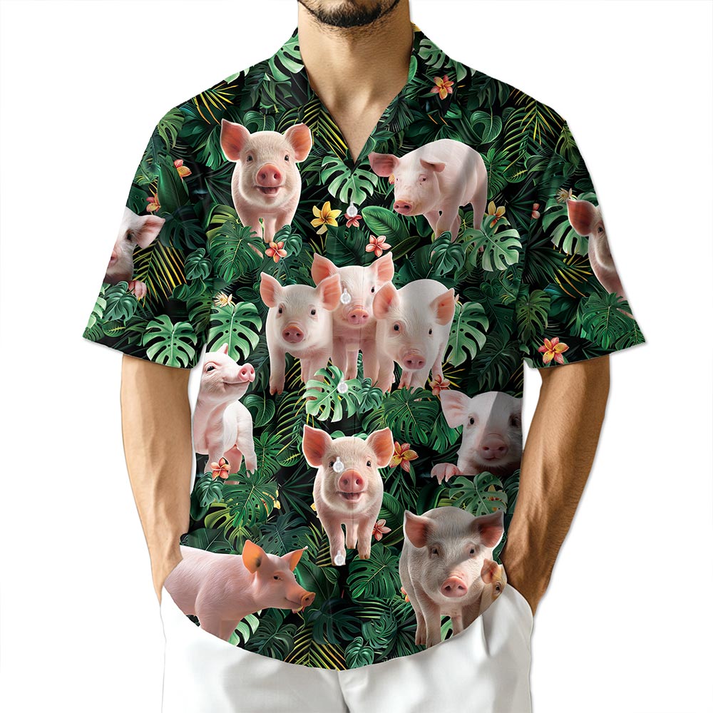 Netecom Tropical Pig Hawaiian Shirt for Men, Pig Lover Gifts, Funny Animal Button Down Summer Beach Short Sleeve Shirts, S-5XL