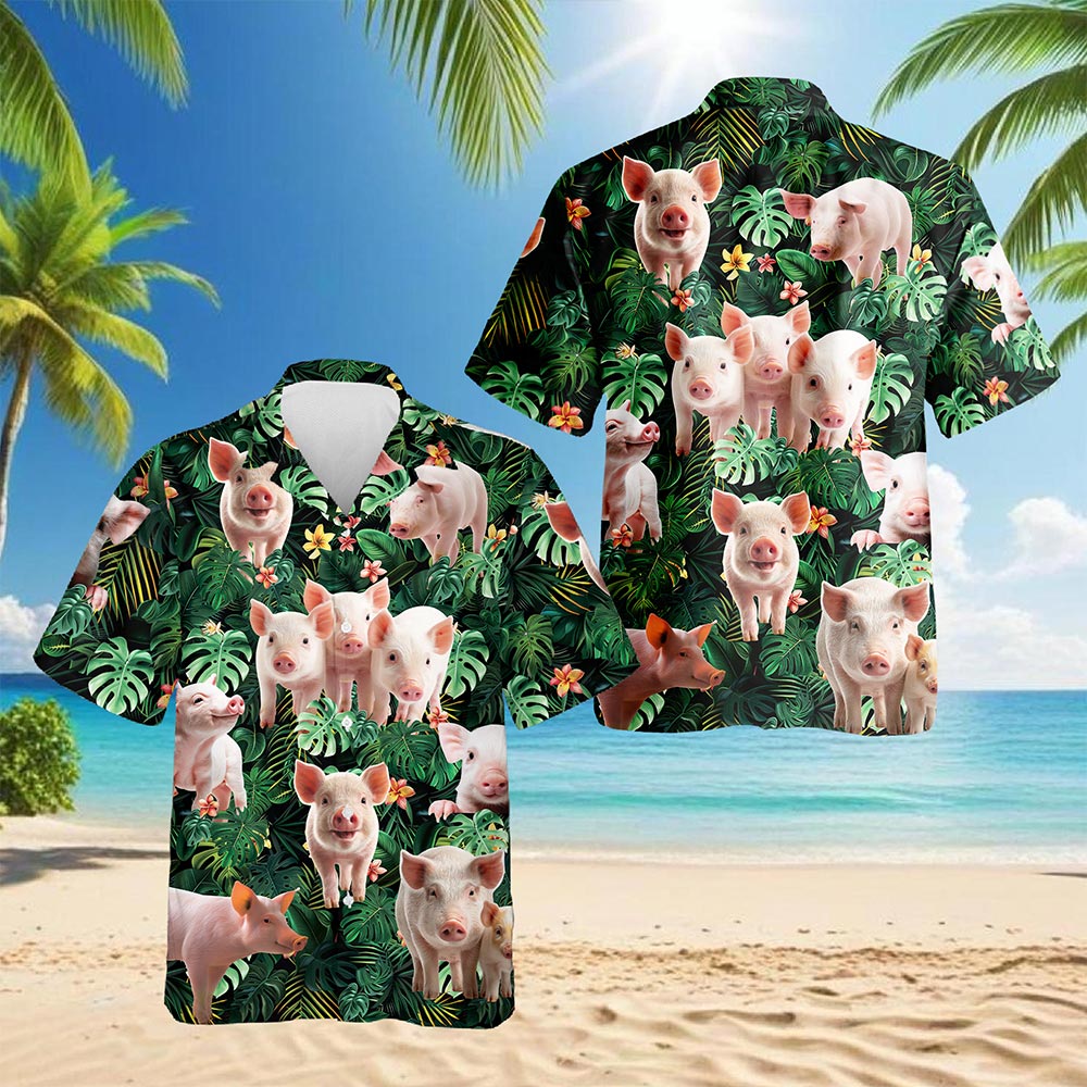 Netecom Tropical Pig Hawaiian Shirt for Men, Pig Lover Gifts, Funny Animal Button Down Summer Beach Short Sleeve Shirts, S-5XL