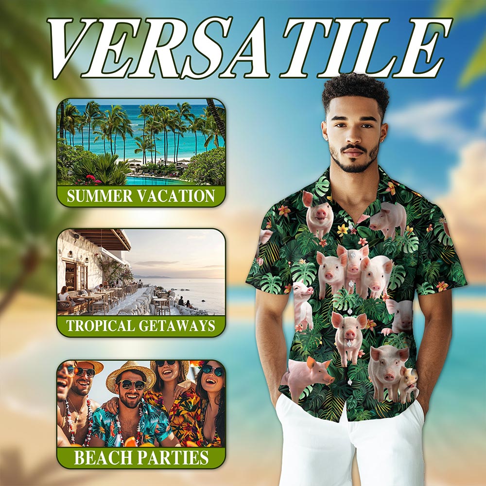 Netecom Tropical Pig Hawaiian Shirt for Men, Pig Lover Gifts, Funny Animal Button Down Summer Beach Short Sleeve Shirts, S-5XL
