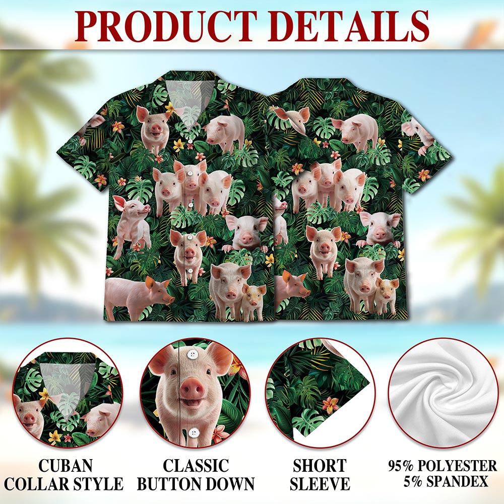 Netecom Tropical Pig Hawaiian Shirt for Men, Pig Lover Gifts, Funny Animal Button Down Summer Beach Short Sleeve Shirts, S-5XL