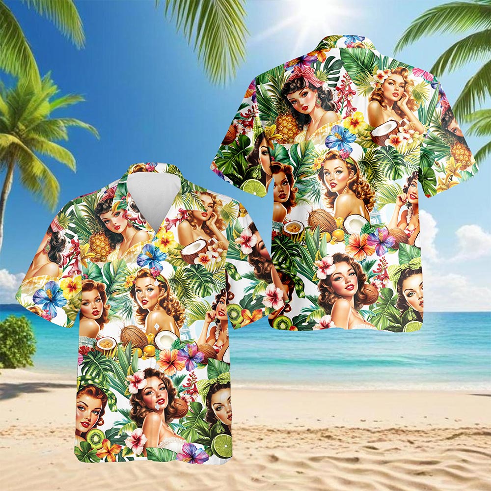 Netecom Tropical Pinup Girl Hawaiian Shirt for Men Women, Floral Button Down Summer Aloha Beach Short Sleeve Shirts, S-5XL