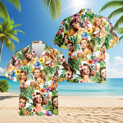 Netecom Tropical Pinup Girl Hawaiian Shirt for Men Women, Floral Button Down Summer Aloha Beach Short Sleeve Shirts, S-5XL