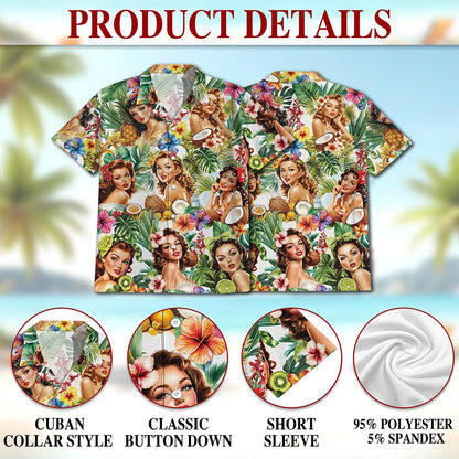 Netecom Tropical Pinup Girl Hawaiian Shirt for Men Women, Floral Button Down Summer Aloha Beach Short Sleeve Shirts, S-5XL