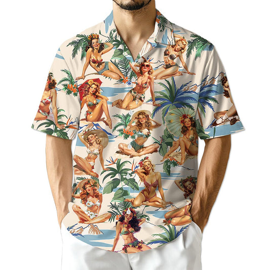 Netecom Tropical Pinup Girls Hawaiian Shirt for Men Women