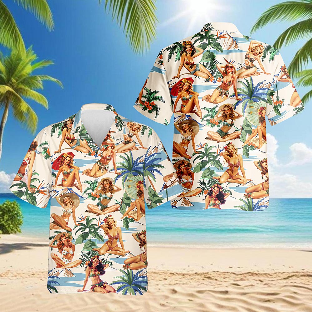 Netecom Tropical Pinup Girls Hawaiian Shirt for Men Women, Beautiful Sexy Girl Button Down Summer Aloha Beach Shirts, S-5XL