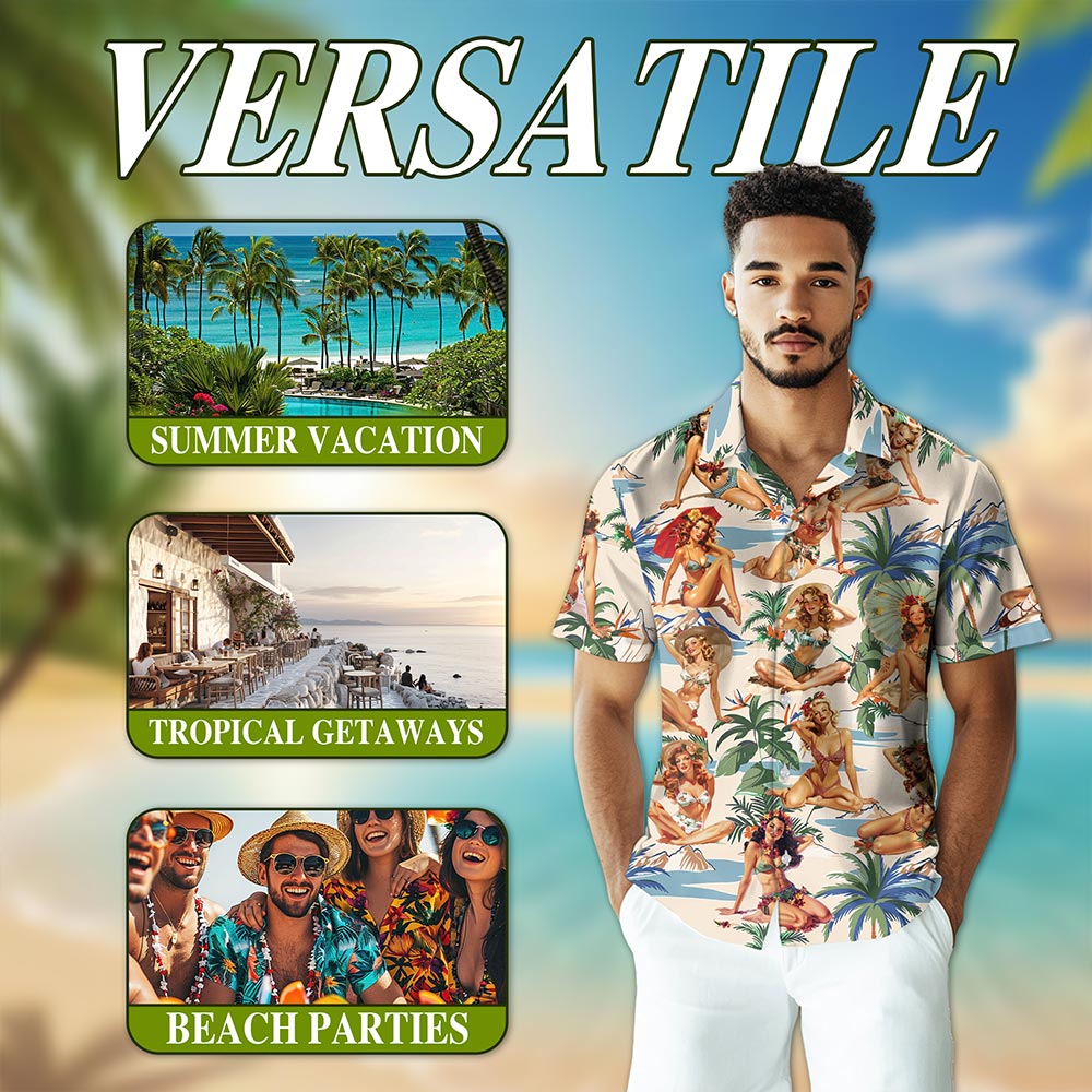 Netecom Tropical Pinup Girls Hawaiian Shirt for Men Women, Beautiful Sexy Girl Button Down Summer Aloha Beach Shirts, S-5XL
