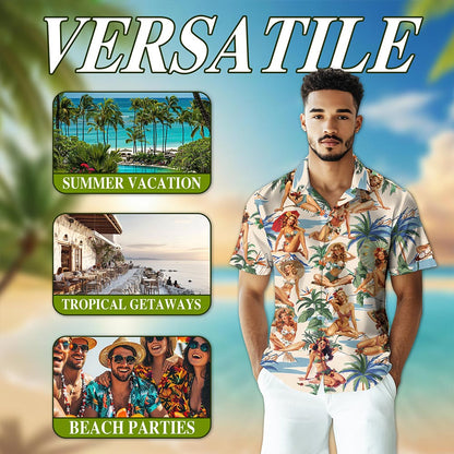 Netecom Tropical Pinup Girls Hawaiian Shirt for Men Women, Beautiful Sexy Girl Button Down Summer Aloha Beach Shirts, S-5XL