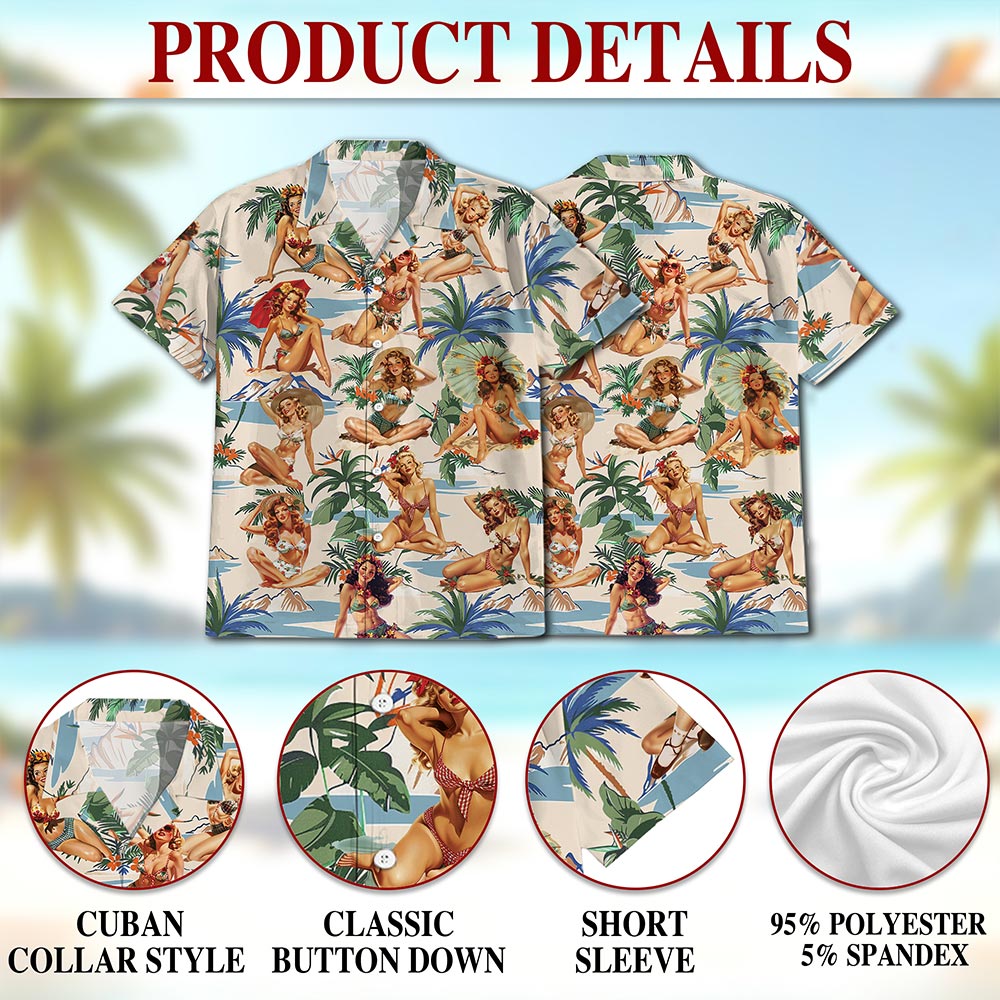 Netecom Tropical Pinup Girls Hawaiian Shirt for Men Women, Beautiful Sexy Girl Button Down Summer Aloha Beach Shirts, S-5XL