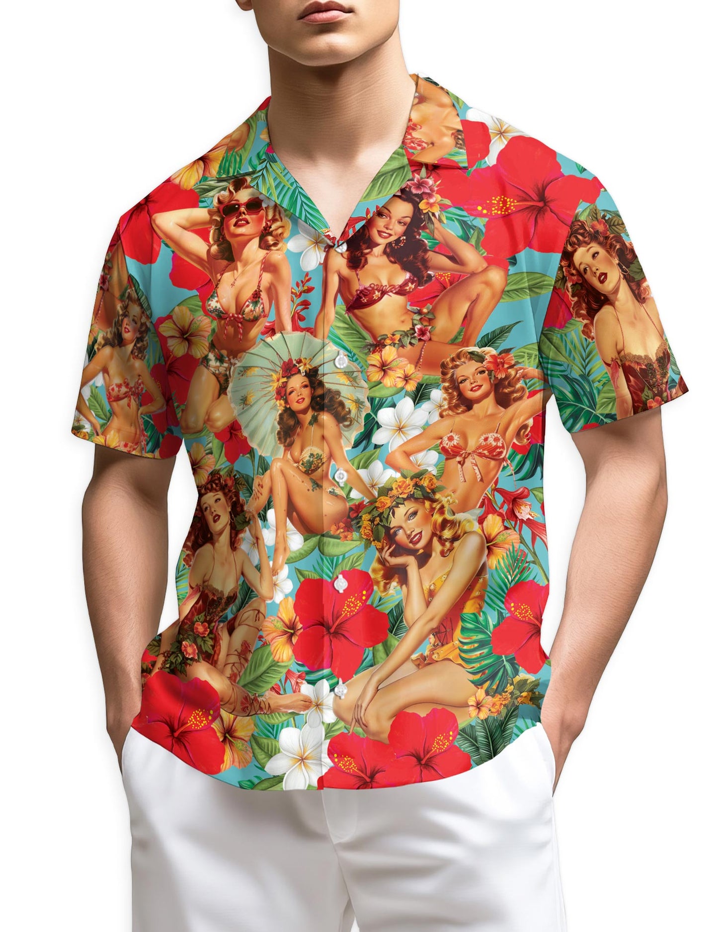 Netecom Tropical Pinup Girls Hawaiian Shirt for Men Women, Beautiful Sexy Girl Button Down Summer Aloha Beach Shirts, S-5XL