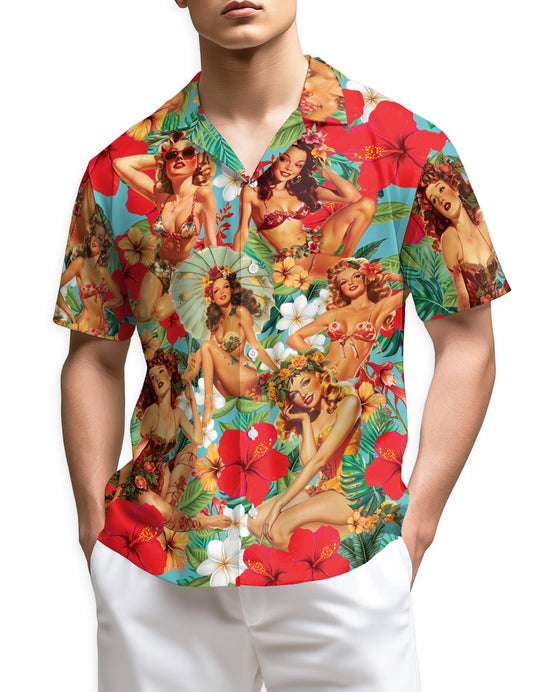 Netecom Tropical Pinup Girls Hawaiian Shirt for Men Women, Beautiful Sexy Girl Button Down Summer Aloha Beach Shirts, S-5XL